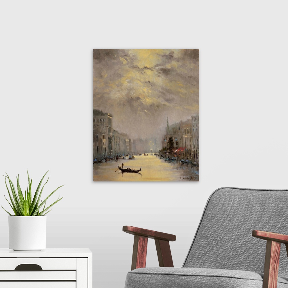 A modern room featuring A contemporary painting of a Venetian cityscape.