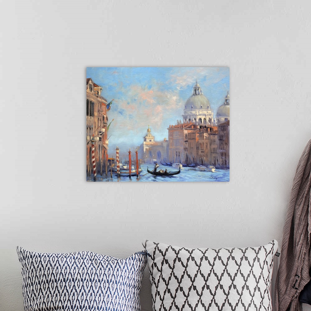 A bohemian room featuring Contemporary painting of Venice in morning mist.