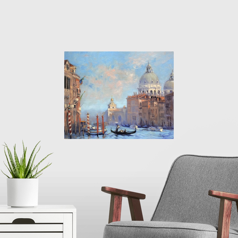 A modern room featuring Contemporary painting of Venice in morning mist.