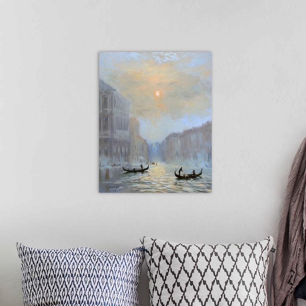 A bohemian room featuring Contemporary painting of Venice in morning mist.