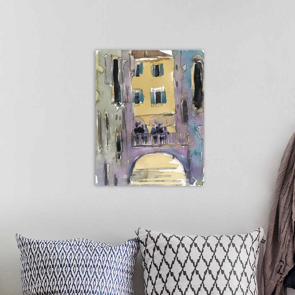 A bohemian room featuring Watercolor open air painting of a bridge over the canal in Venice, Italy.