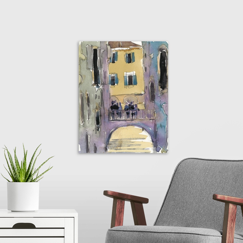 A modern room featuring Watercolor open air painting of a bridge over the canal in Venice, Italy.