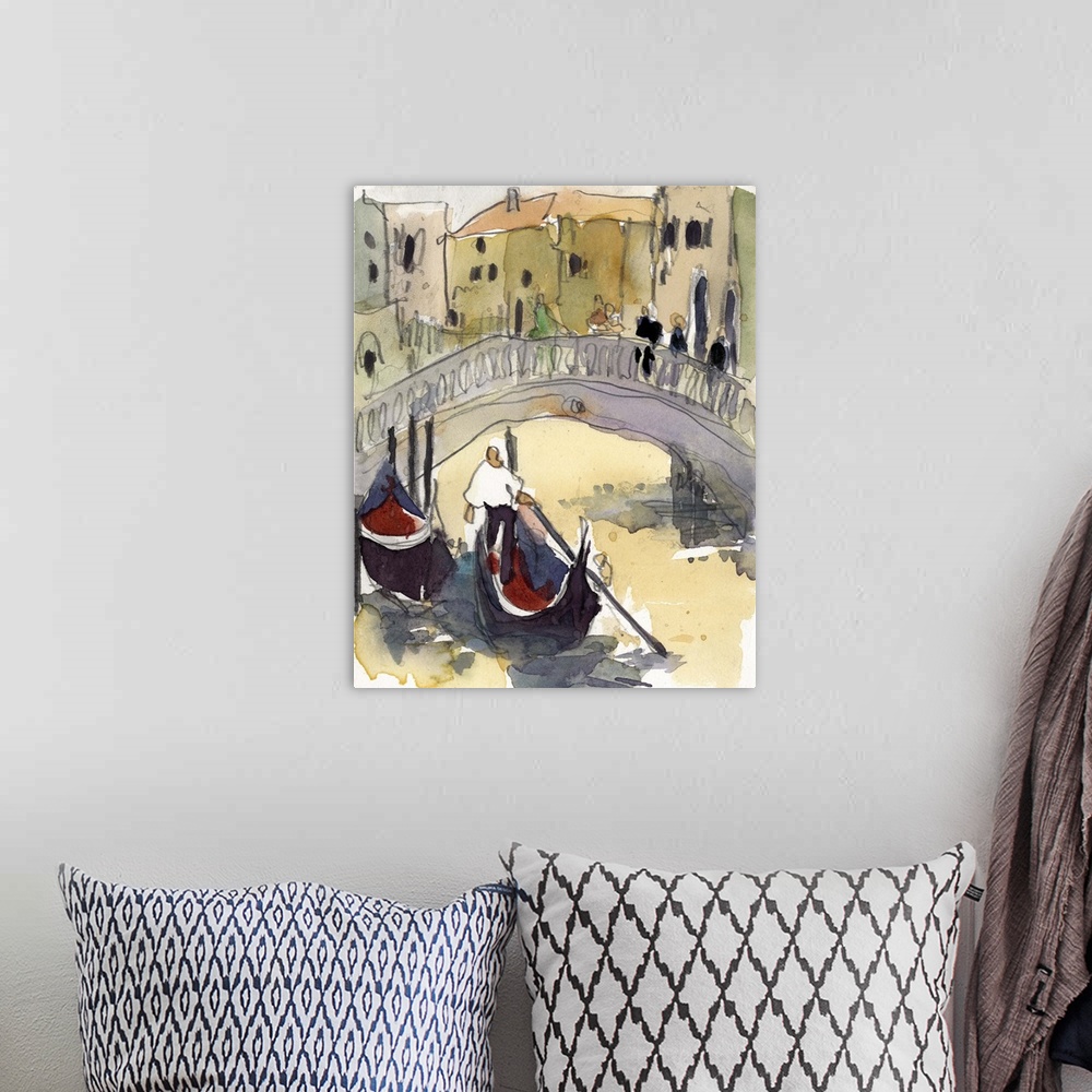 A bohemian room featuring Watercolor open air painting of a bridge over the canal with gondolas in Venice, Italy.