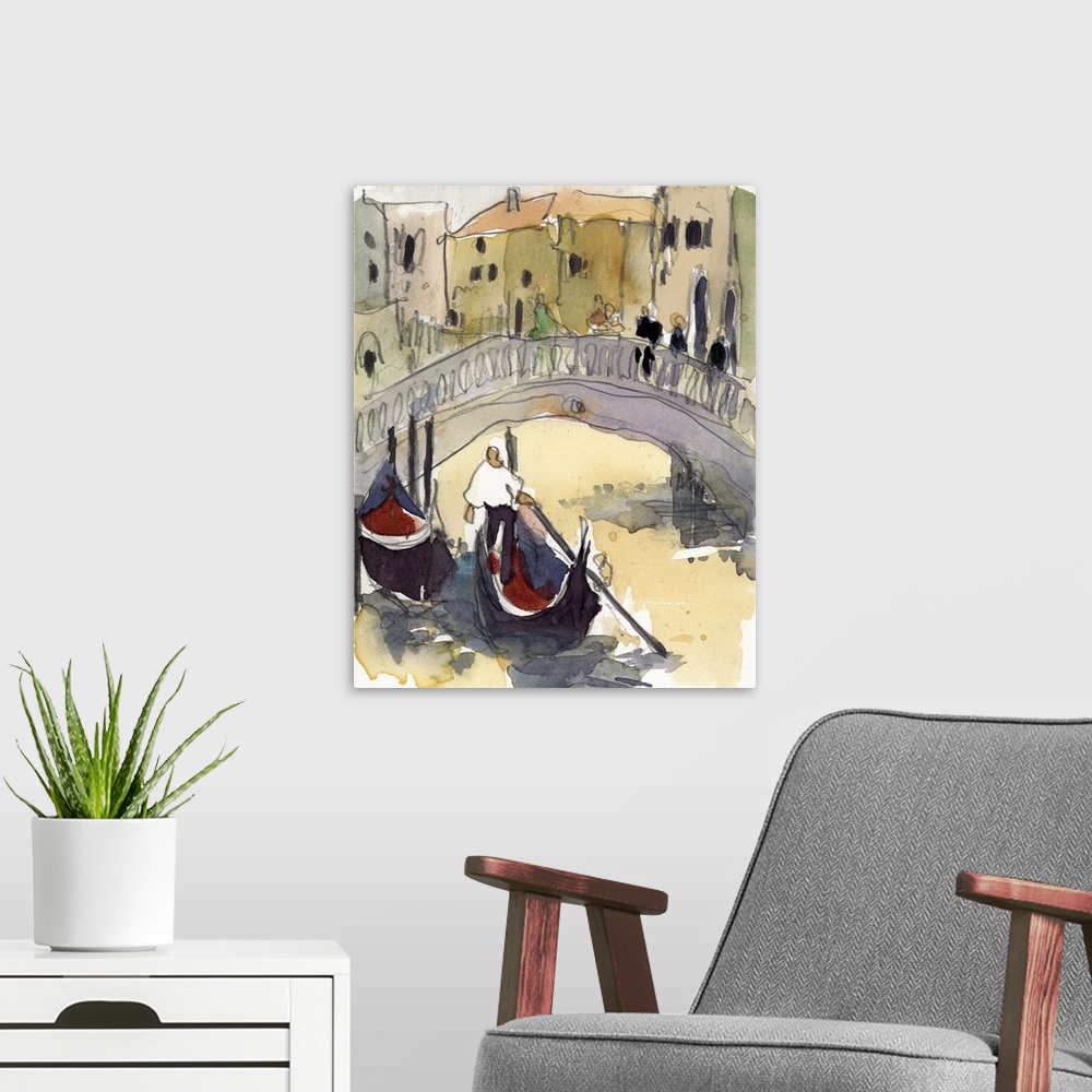 A modern room featuring Watercolor open air painting of a bridge over the canal with gondolas in Venice, Italy.