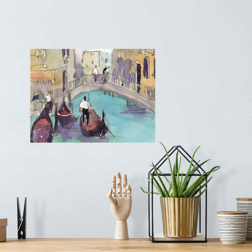A bohemian room featuring Watercolor open air painting of gondolas on the canal waters in Venice, Italy.