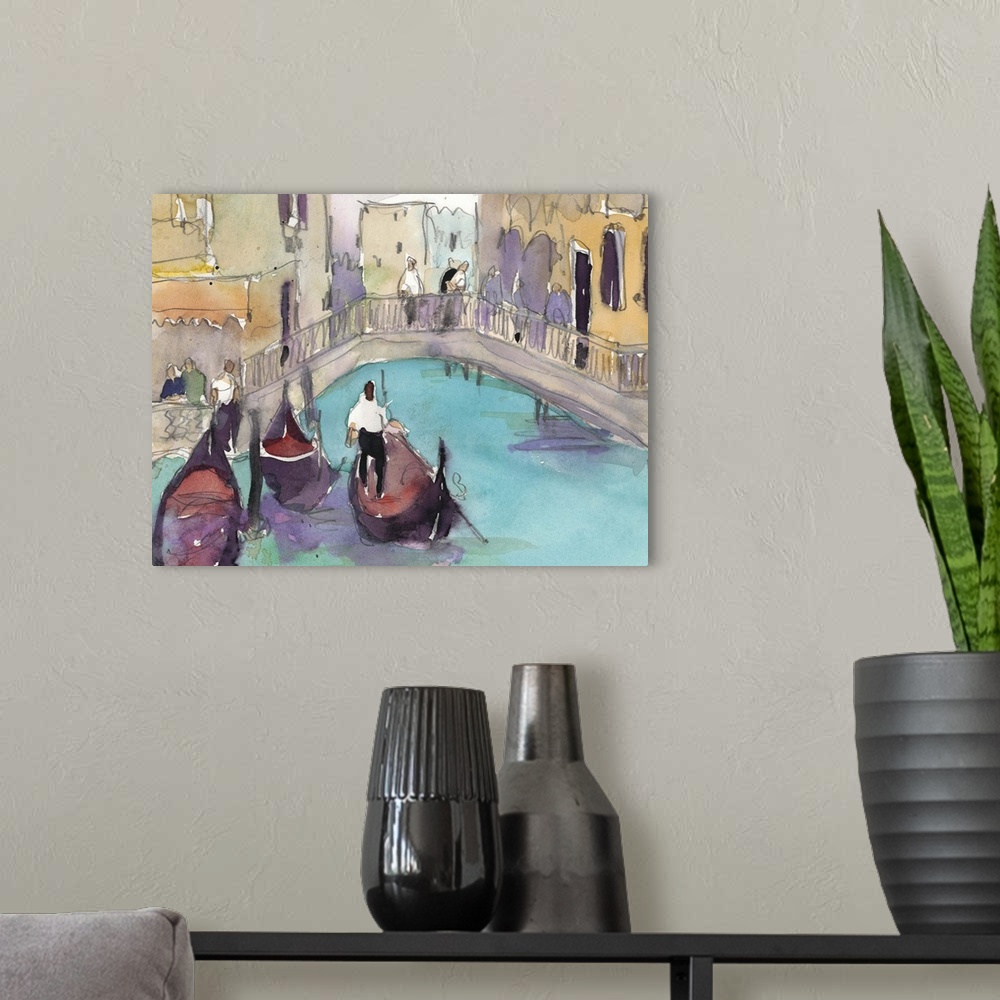 A modern room featuring Watercolor open air painting of gondolas on the canal waters in Venice, Italy.