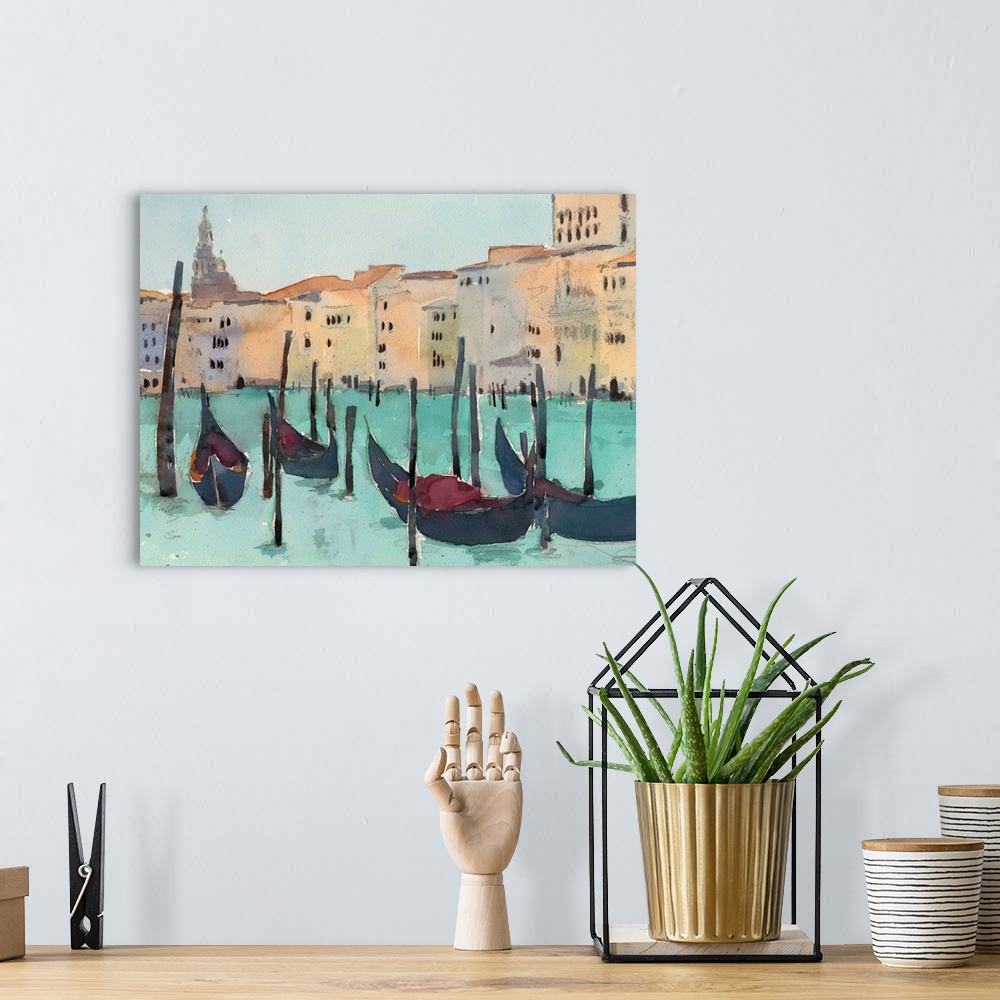 A bohemian room featuring Watercolor open air painting of gondolas on the canal waters in Venice, Italy.