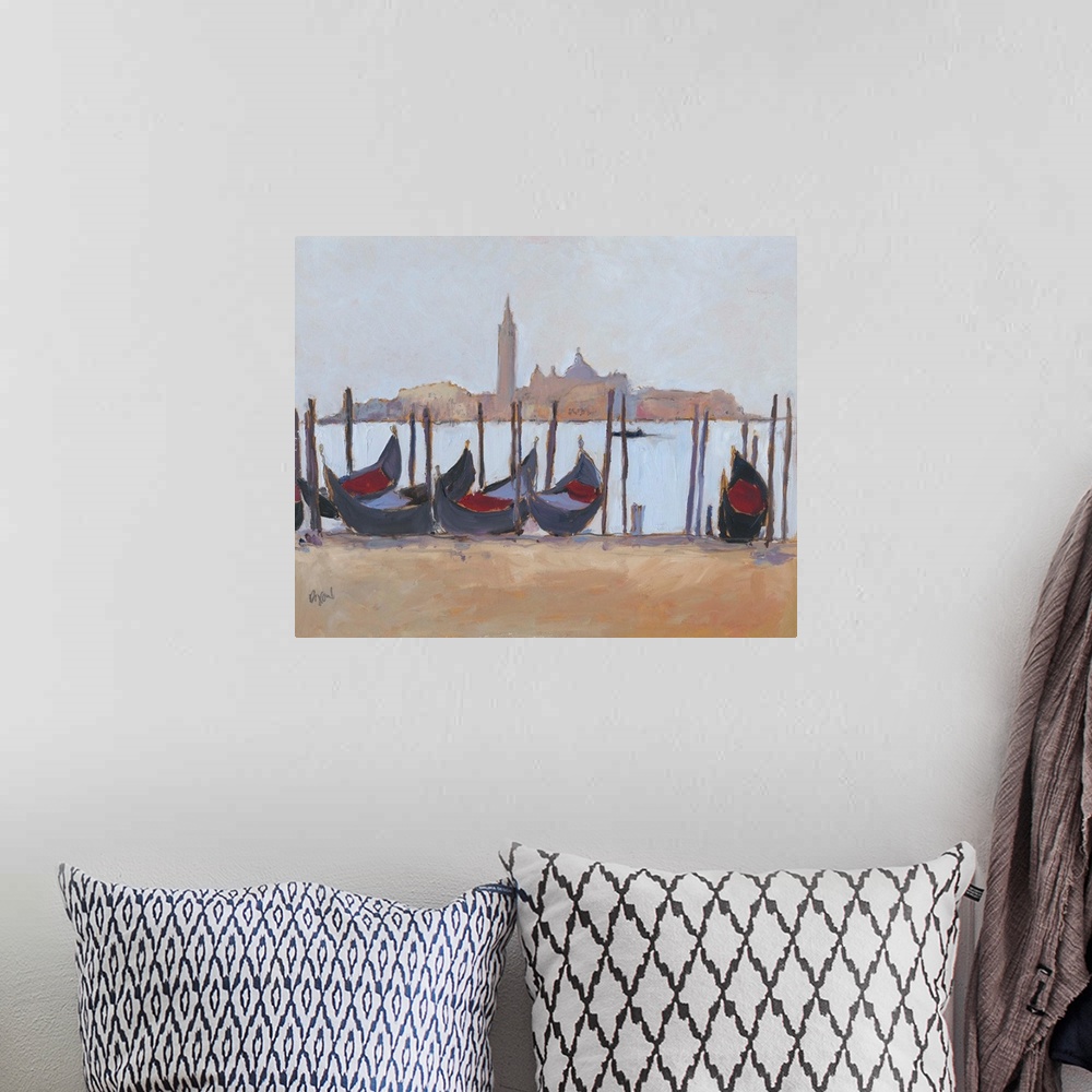 A bohemian room featuring Minimalist study of a gondolas in the canal in Venice.