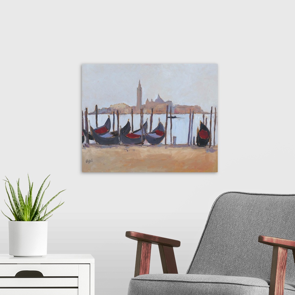 A modern room featuring Minimalist study of a gondolas in the canal in Venice.