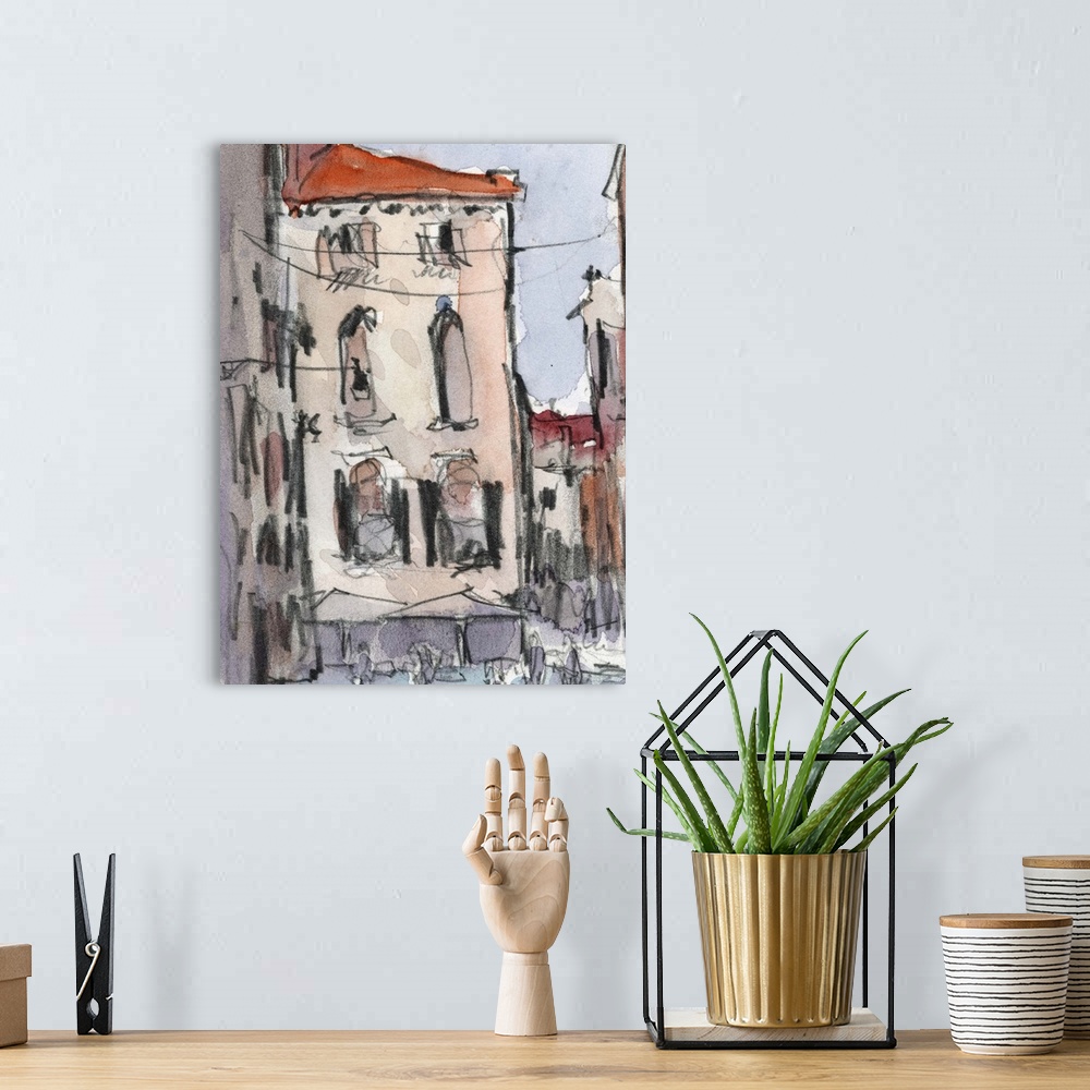 A bohemian room featuring Watercolor cityscape painting of an alley in Venice.