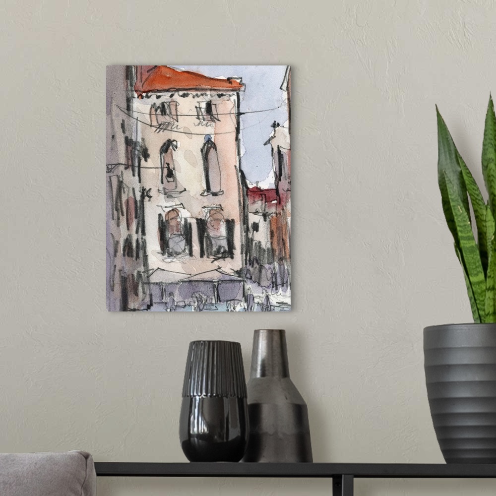 A modern room featuring Watercolor cityscape painting of an alley in Venice.