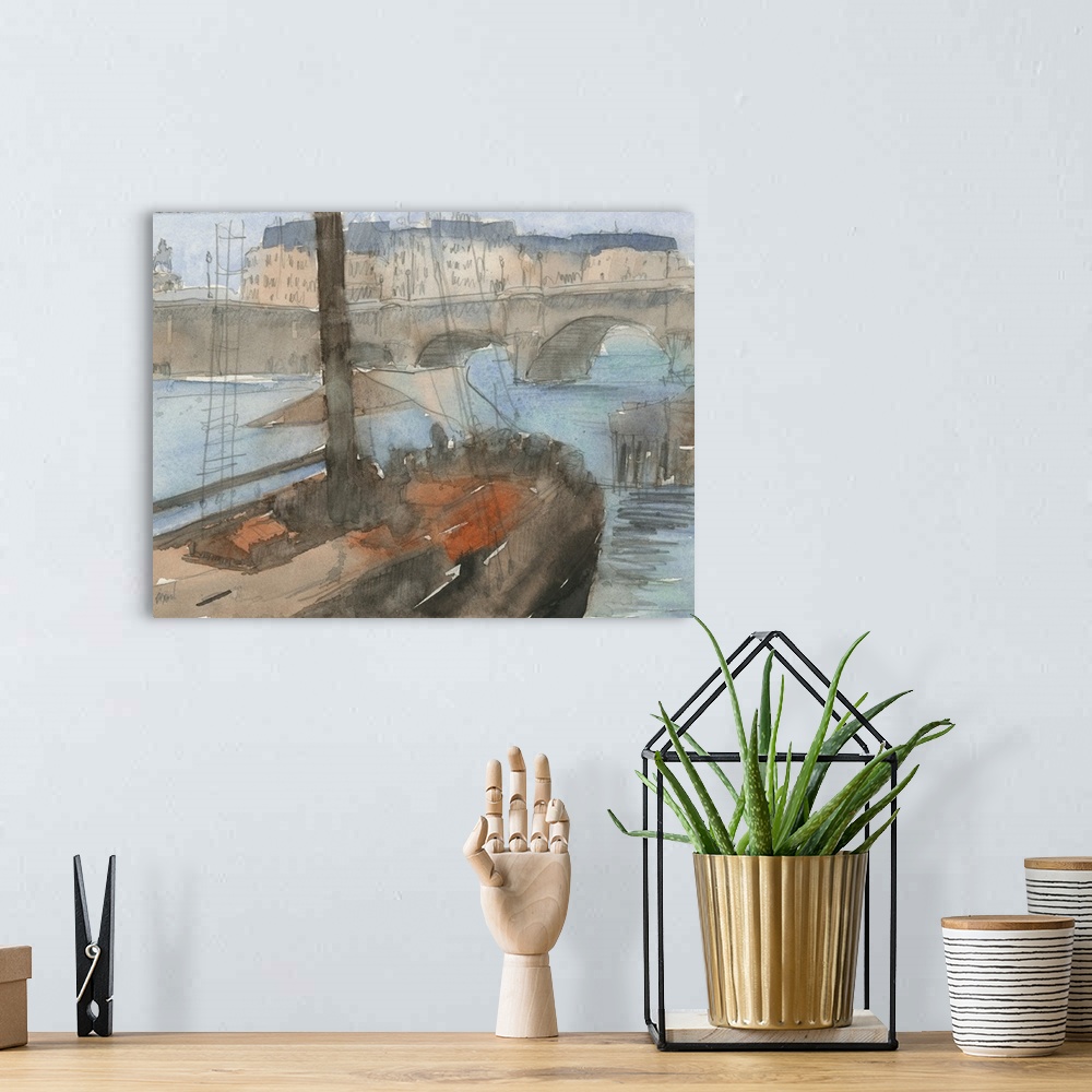 A bohemian room featuring Watercolor cityscape painting of a boat approaching a bridge in Venice.