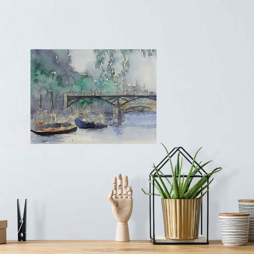 A bohemian room featuring Watercolor cityscape painting of boats in the canal near a bridge in Venice.