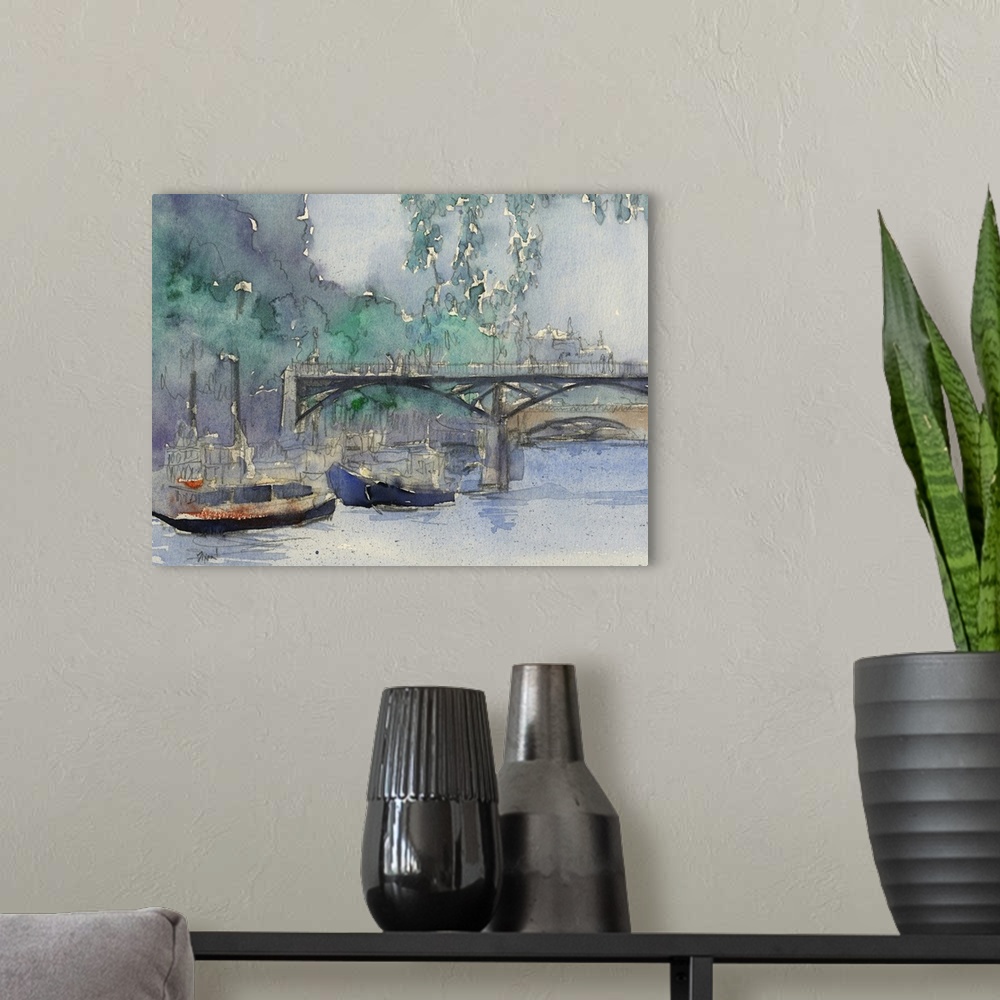 A modern room featuring Watercolor cityscape painting of boats in the canal near a bridge in Venice.