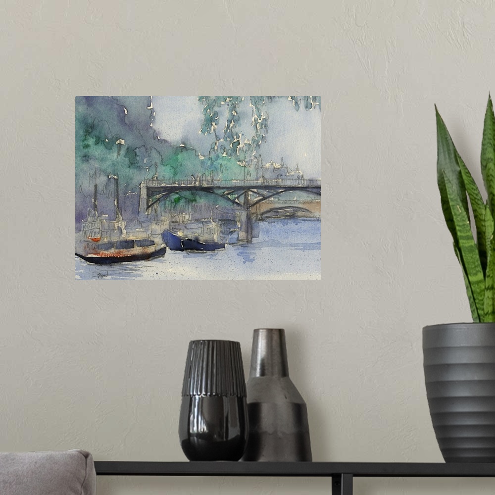 A modern room featuring Watercolor cityscape painting of boats in the canal near a bridge in Venice.