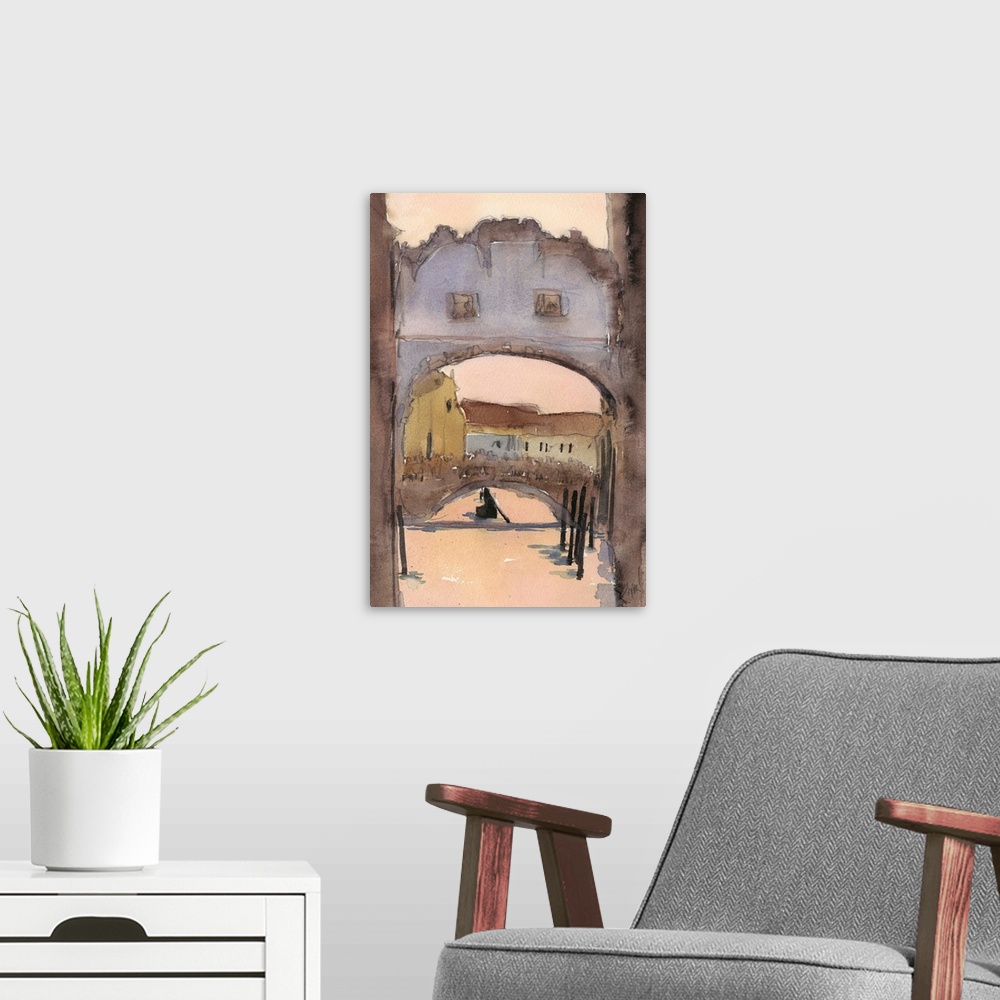 A modern room featuring Gestural watercolor artwork of an archway over a canal in Venice, Italy.
