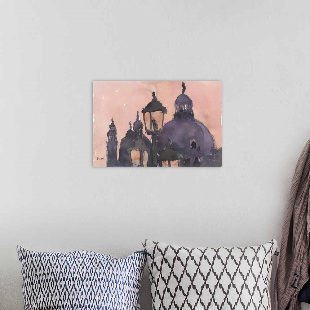 A bohemian room featuring Watercolor art print of lamp posts and the domes of buildings at sunset in Venice, Italy.