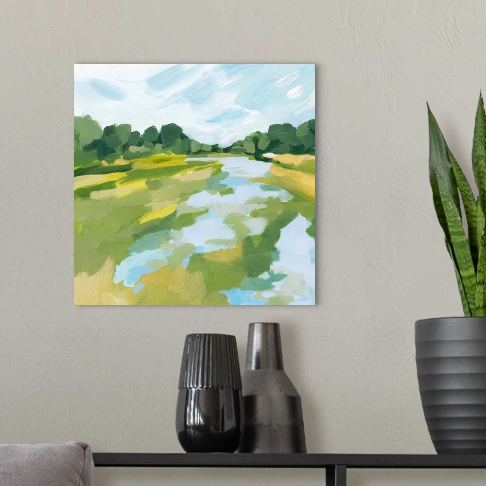 A modern room featuring Verdant Abstract Wetland I