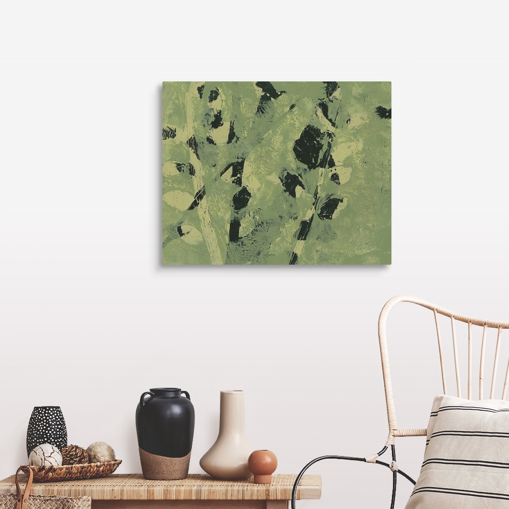A farmhouse room featuring Abstract image of shapes similar to leaves on a branch in merging colors of green and black.