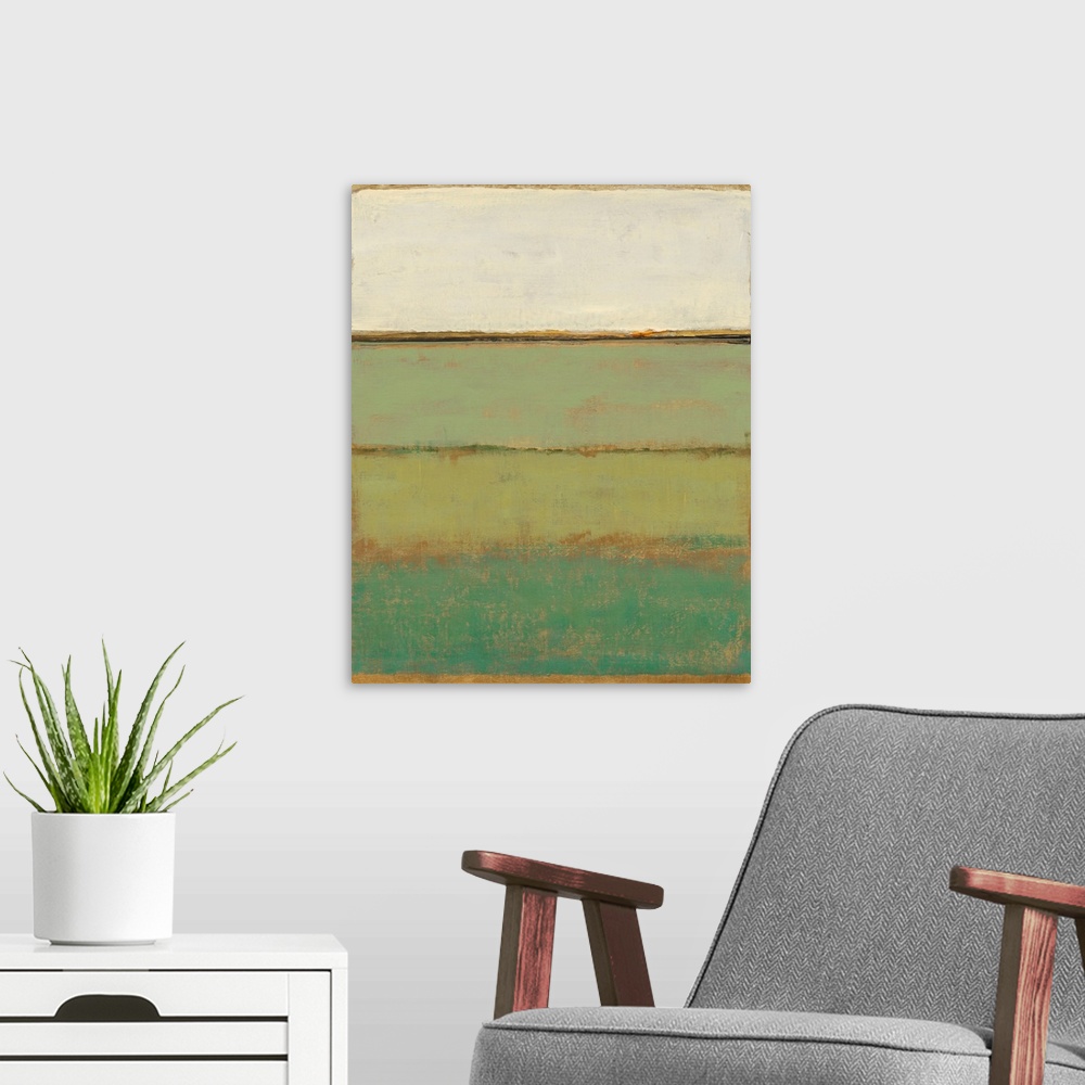 A modern room featuring Abstract artwork in horizontal layers of green shades, resembling farmland.