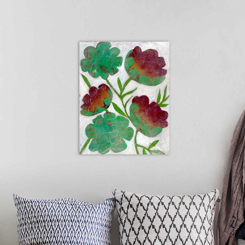 A bohemian room featuring Folk art style illustration of three red flowers with green leaves on white.