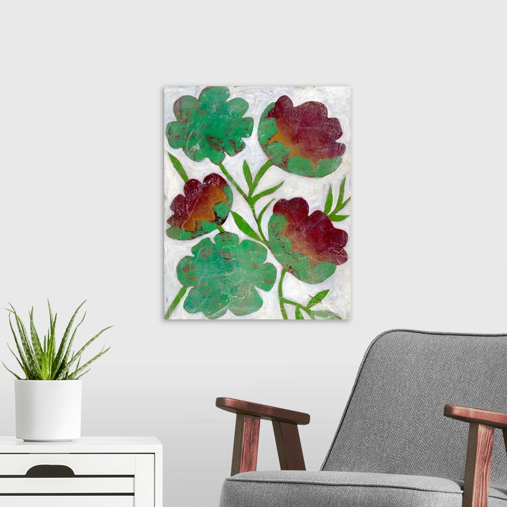 A modern room featuring Folk art style illustration of three red flowers with green leaves on white.