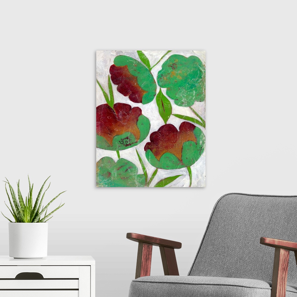 A modern room featuring Folk art style illustration of three red flowers with green leaves on white.