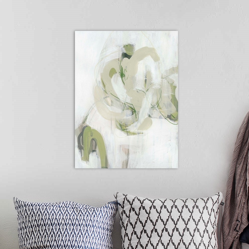 A bohemian room featuring This abstract artwork features expressive brush strokes in khaki, green and white to create drama...