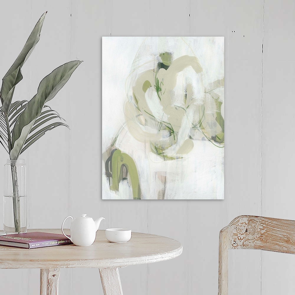 A farmhouse room featuring This abstract artwork features expressive brush strokes in khaki, green and white to create drama...