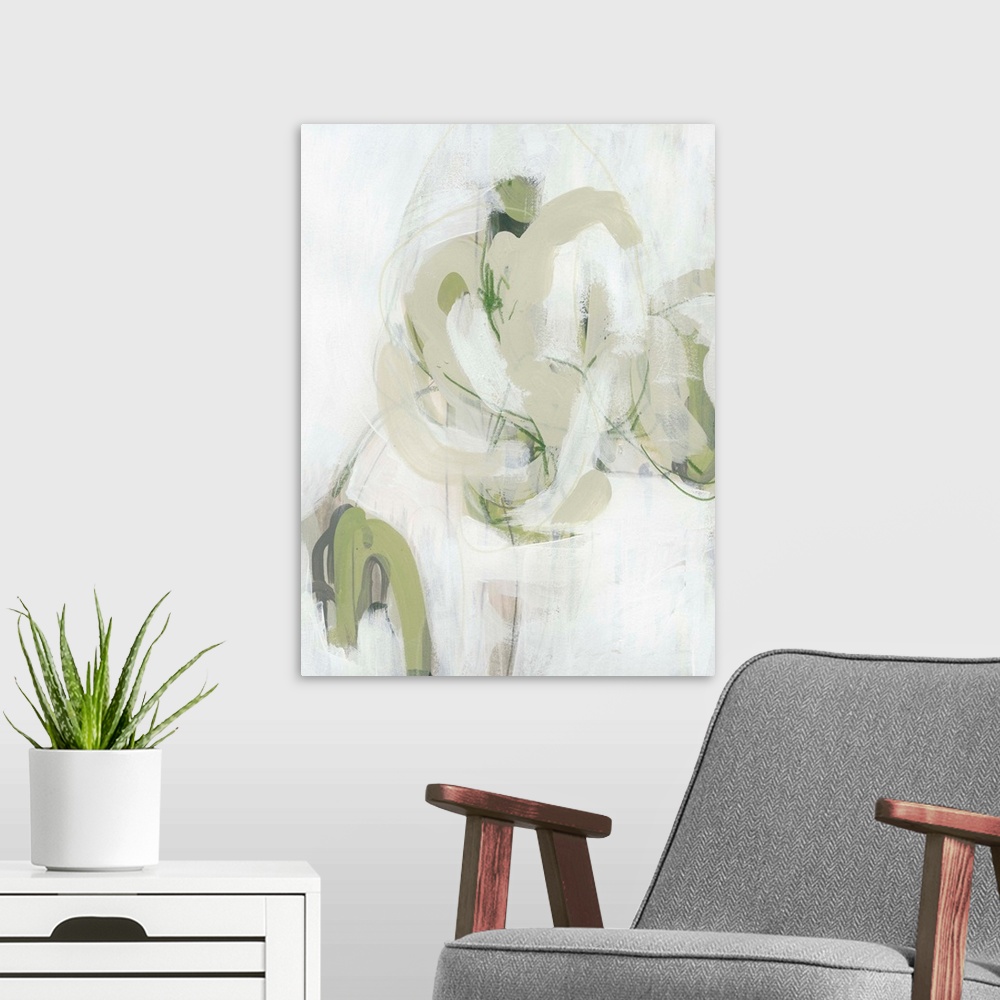 A modern room featuring This abstract artwork features expressive brush strokes in khaki, green and white to create drama...