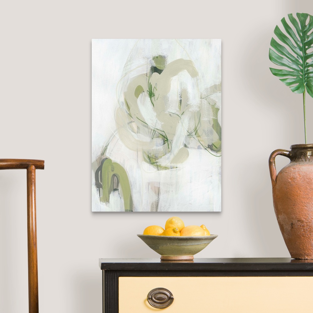 A traditional room featuring This abstract artwork features expressive brush strokes in khaki, green and white to create drama...