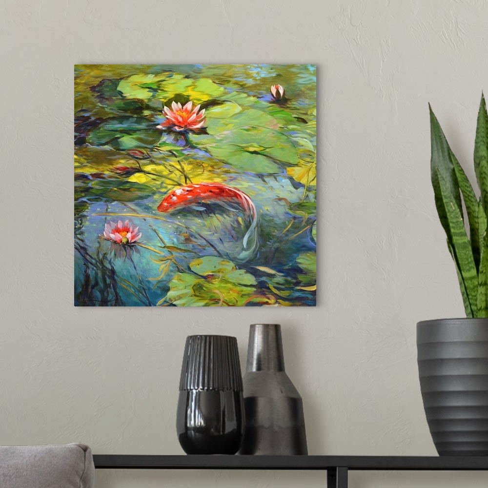 A modern room featuring Contemporary painting of koi in a pond.