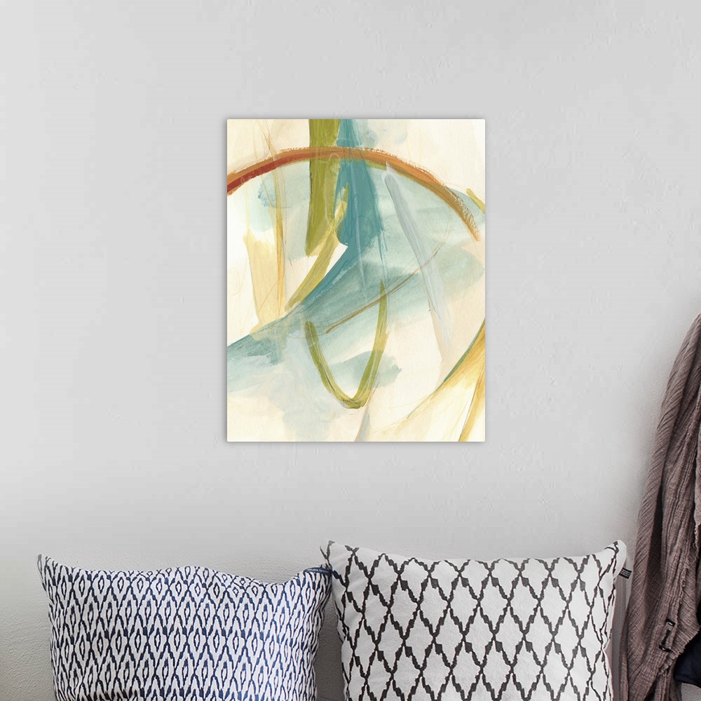 A bohemian room featuring Contemporary abstract artwork using muted tones.