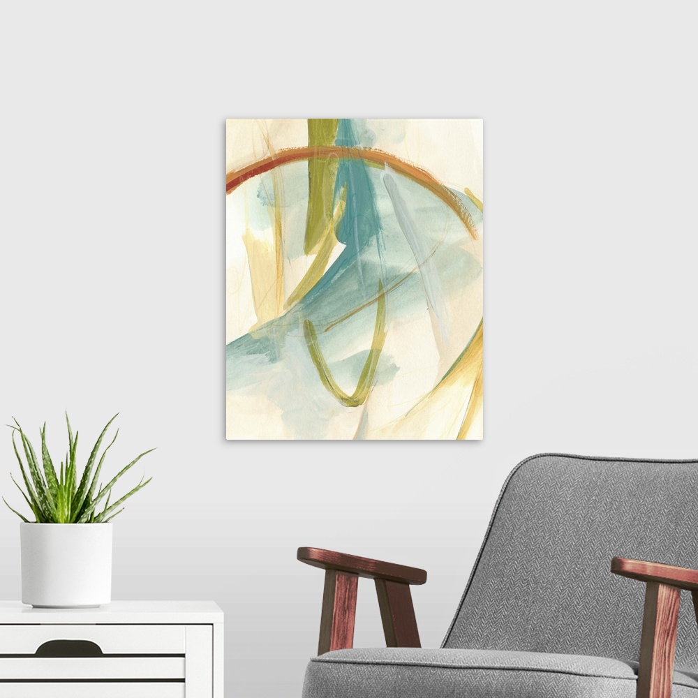 A modern room featuring Contemporary abstract artwork using muted tones.