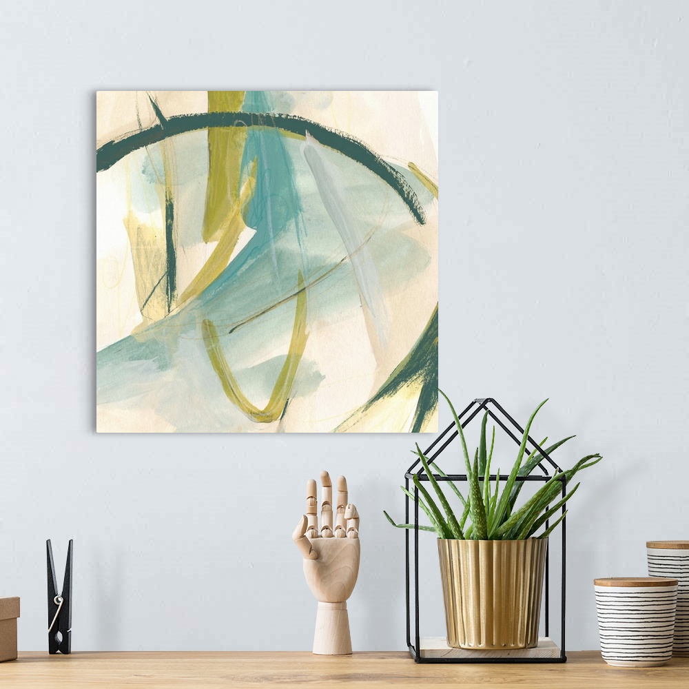 A bohemian room featuring Modern abstract painting in yellow, teal, and beige.