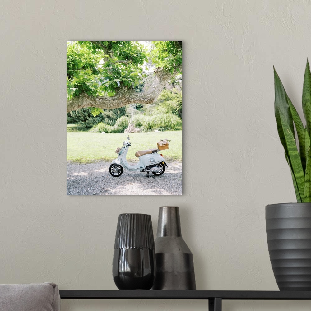 A modern room featuring A photograph of a pale blue motor scooter with a basket of flowers on the back parked underneath ...