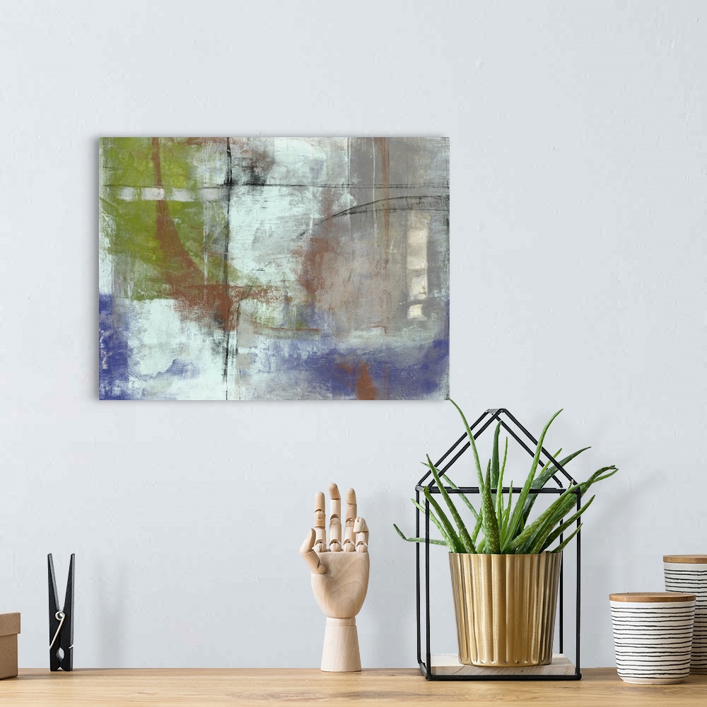 A bohemian room featuring Contemporary colorful abstract painting with a weathered look.