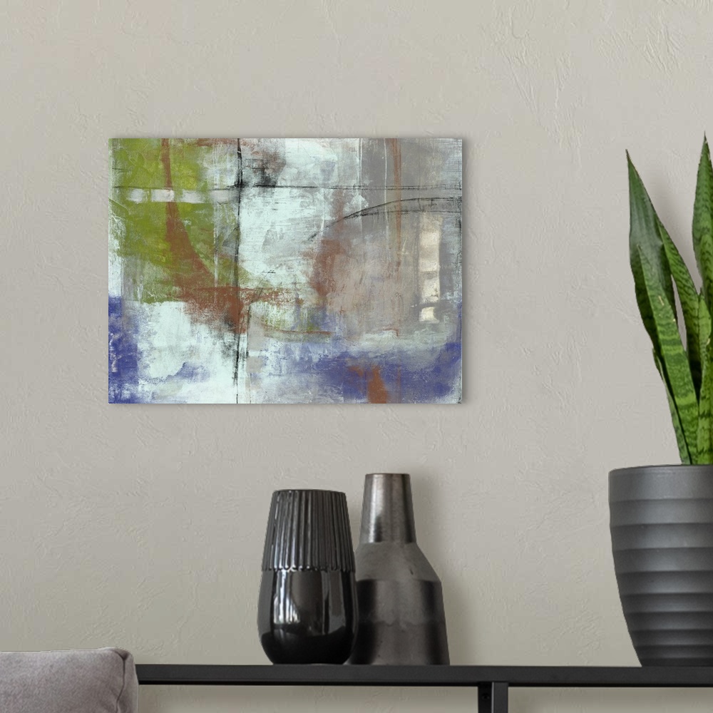 A modern room featuring Contemporary colorful abstract painting with a weathered look.