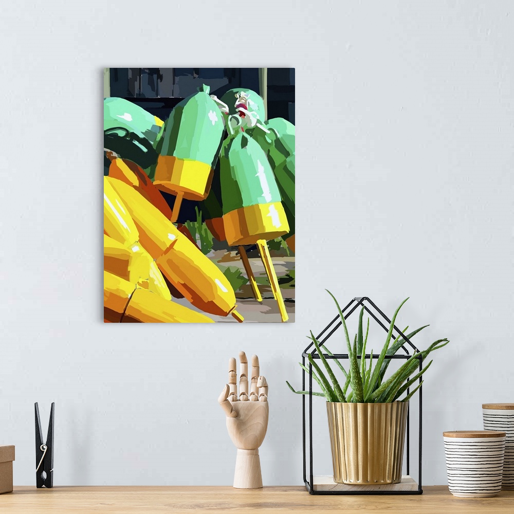 A bohemian room featuring Brightly colored yellow and green fishing buoys.