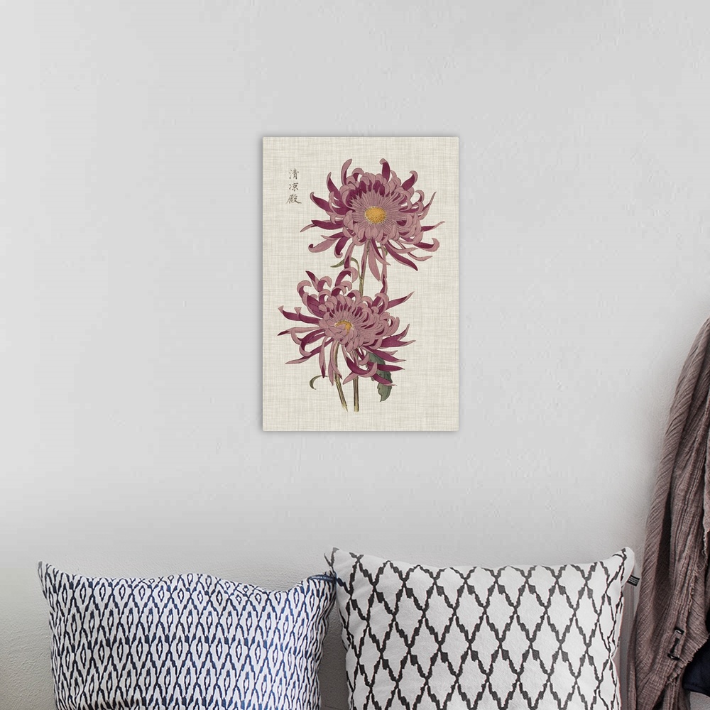 A bohemian room featuring Decorative art with two large purple and pink mums on a heather tan textured background.