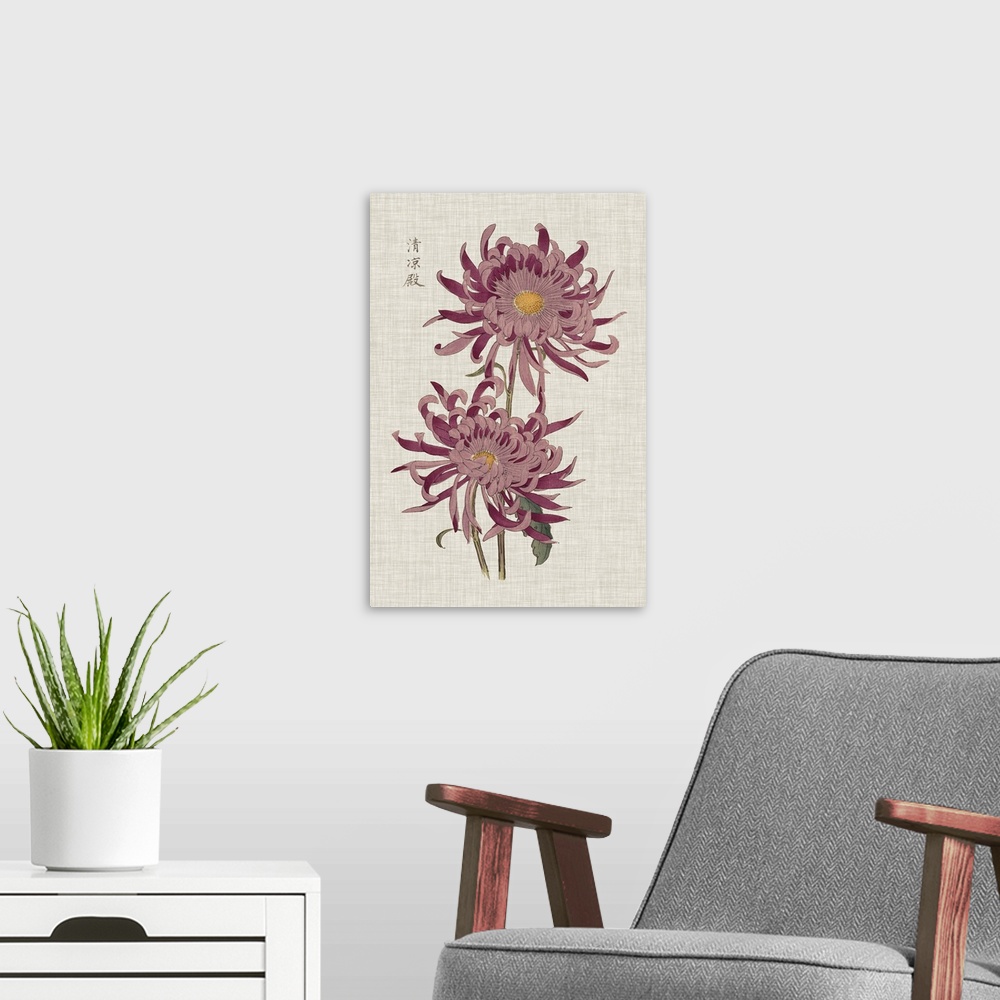 A modern room featuring Decorative art with two large purple and pink mums on a heather tan textured background.