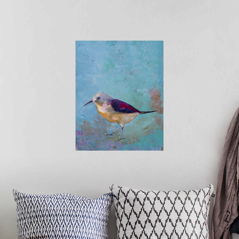 A bohemian room featuring Contemporary painting of a seagull against a blue background.