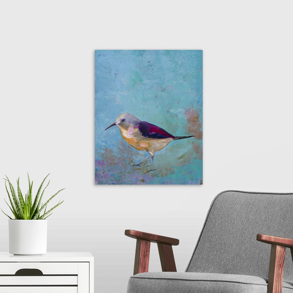 A modern room featuring Contemporary painting of a seagull against a blue background.