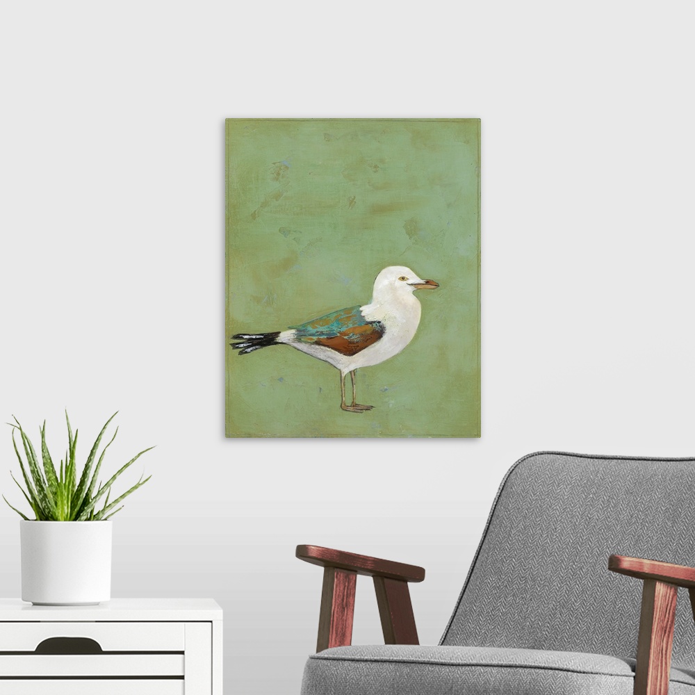 A modern room featuring Contemporary painting of a seagull against a green background.