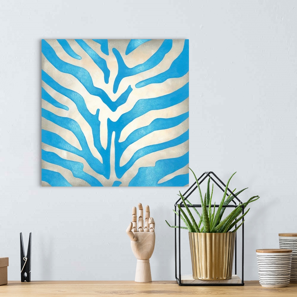 A bohemian room featuring Contemporary painting of a blue vibrant zebra stripes pattern.