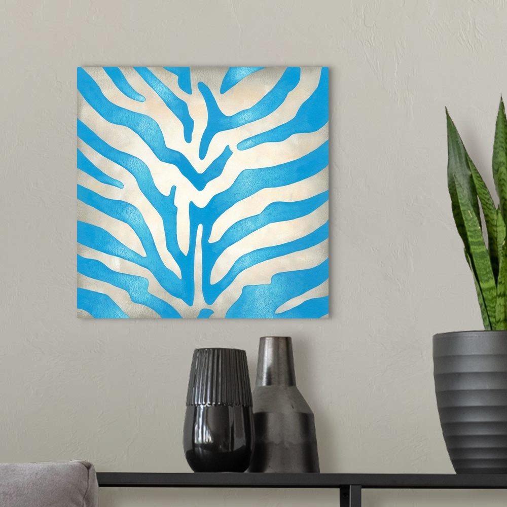 A modern room featuring Contemporary painting of a blue vibrant zebra stripes pattern.