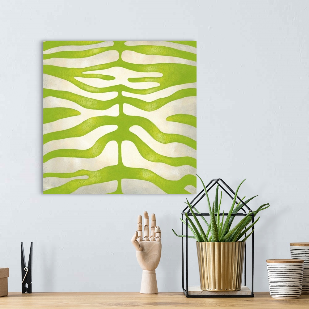 A bohemian room featuring Contemporary painting of a green vibrant zebra stripes pattern.