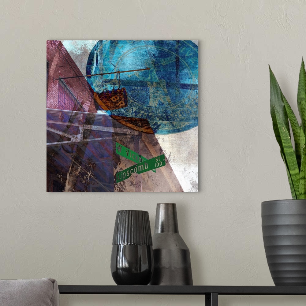 A modern room featuring Contemporary collage style artwork using bright colors.