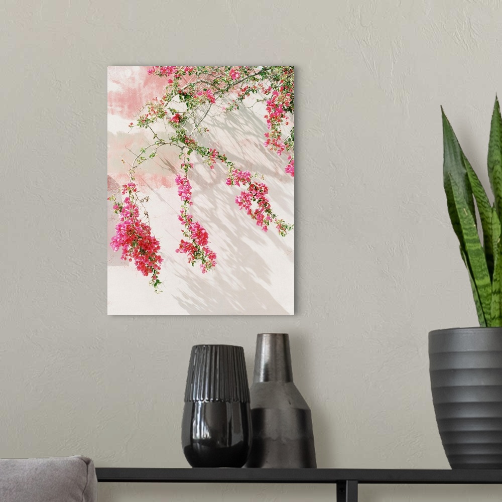 A modern room featuring Photograph of bright pink flowering stems against a white wall, Santorini, Greece.