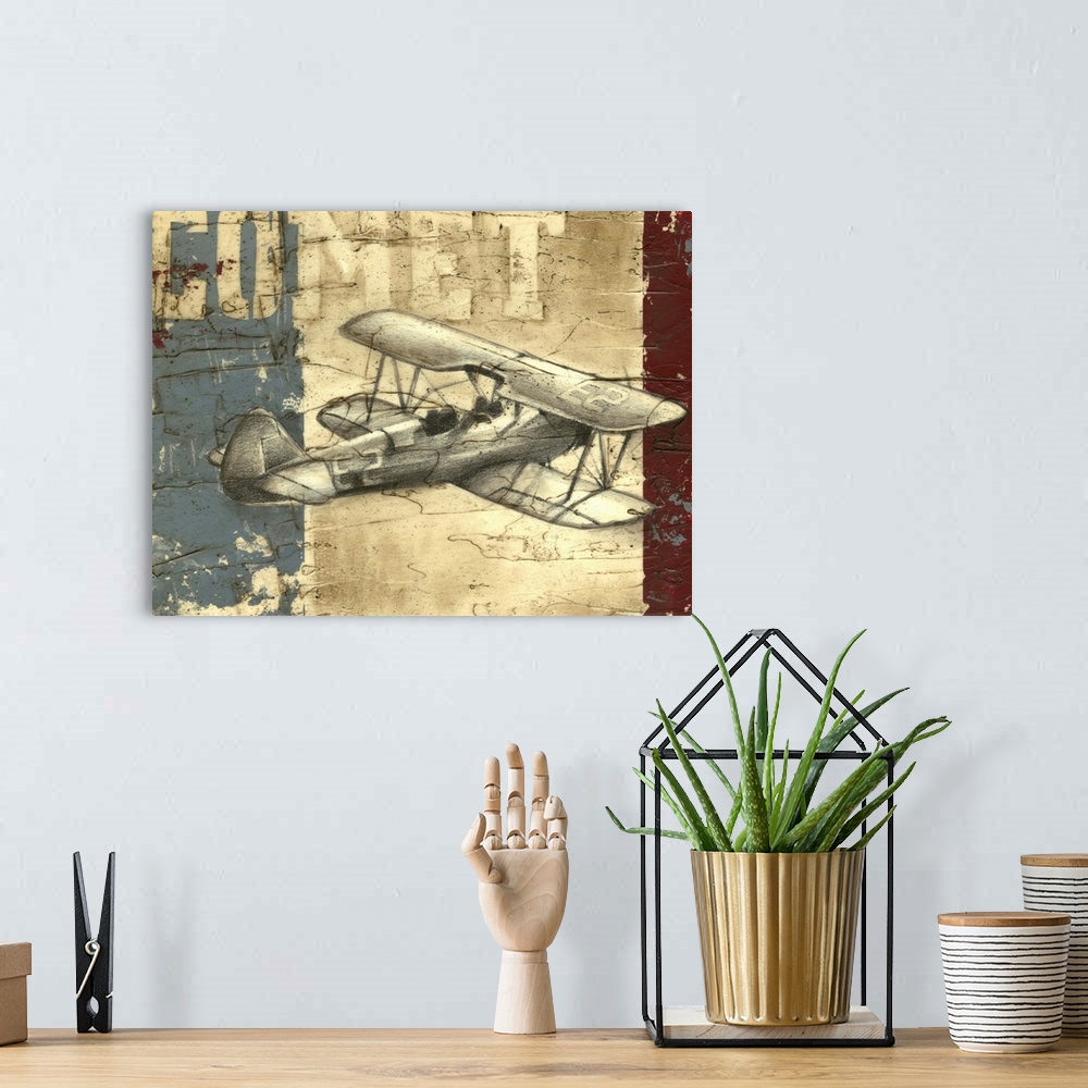 A bohemian room featuring Contemporary artwork of a vintage airplane against a collage rustic looking background.